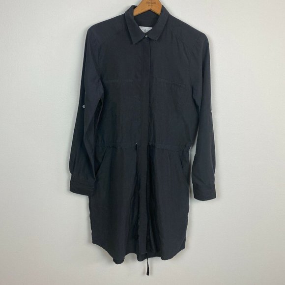 Lou & Grey Shirt Dress Womens Small Black Button Up Tie Waist Long Tabbed Sleeve - Picture 11 of 12